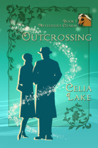 Book cover for Outcrossing: a man and a woman in 1920s silhouette stand, her hand tucked into his arm.