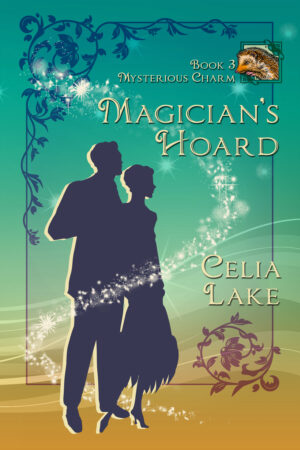 Cover image of Magician's Hoard: a man in a suit and a woman in a 1920s dress stand silhouetted on a background that shades from turquoise blue to warm sandy brown. A small inset image has a brown and cream hedgehog illustration.