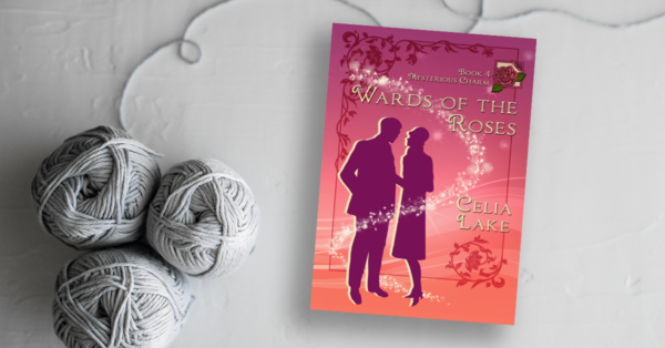 Copy of Wards of the Roses on a plain white background, with three balls of yarn next to it.