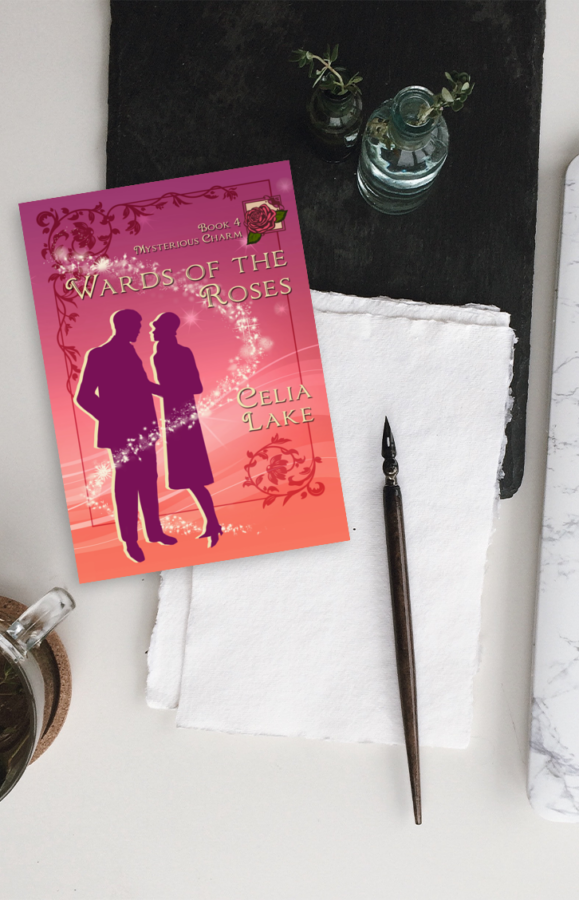A copy of Wards of the Roses on a desk with a dip pen, blotting paper, and a jar of ink.