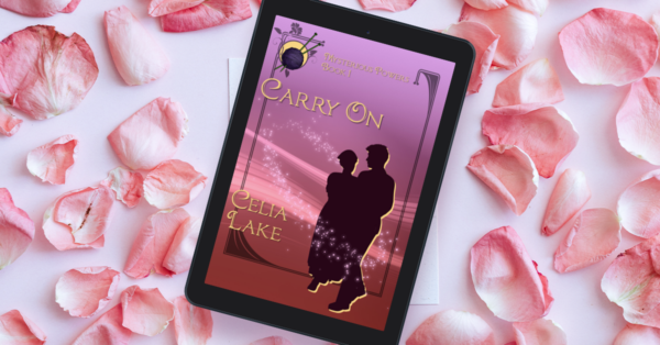 eReader with cover of Carry On showing on it, on a bed of pale pink rose petals.