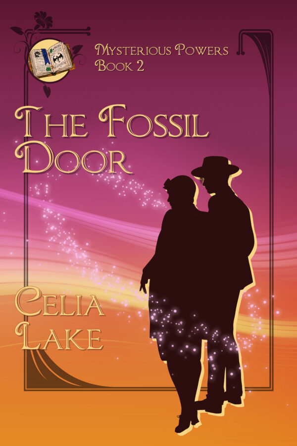 Cover of The Fossil Door: A man and woman in silhouette at the right looking to the left, at something on the ground. He is wearing a hat. The background is deep burgundy and golden yellow, with a small illuminated manuscript inset in the top left corner. Star and sparkles swirl around the figures.