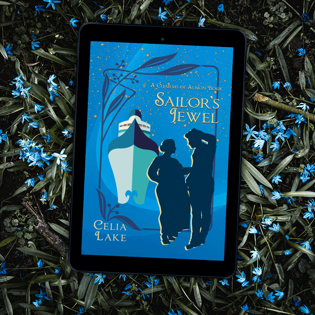 The cover of Sailor's Jewel by Celia Lake shown on a tablet resting on a bed of pale blue flowers. The cover is a vibrant blue, with an ocean liner at the left, facing the viewer. At the bottom right stand two silhouetted figures, a plump woman in a long dress and a taller man leaning against the side of the frame. Highlights of golden yellow from the title, lights on the liner, and a sprinkling of stars across the top pop out against the blues of the cover.