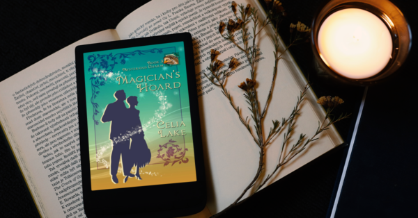 Cover of Magician's Hoard displayed on a tablet. The cover has a man and woman silhouetted against a teal and sandy background, with a hedgehog inset in the top right.
