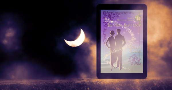 Cover of Seven Sisters set against a crescent moon, shrouded by purple fog and glowing light.