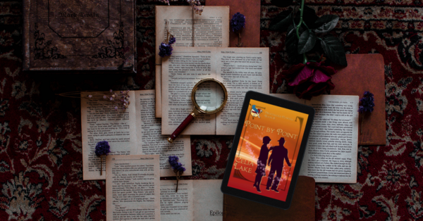 Cover of Point By Point displayed on an tablet, layered over various printed pages, along with books, a deep red rose, and a magnifying glass. 