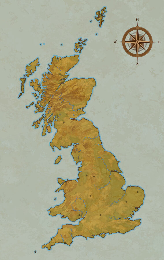 A map of Albion. It looks much like a map of Great Britain, with an additional island in Cardigan Bay to the west, and the Isles of Scilly enlarged off the west tip of Cornwall. Subtle dots indicate a number of major cities and other locations. 