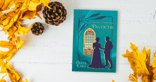 Copy of Pastiche on a white wood background, surrounded by golden yellow leaves that pick up on the yellow of the stained glass window on the cover.