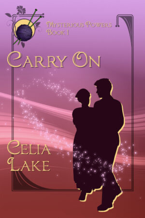 Cover of Carry On, a nurse and man in silhouette walking together, her arm through his on a mauve background. Yarn and knitting needles are inset in the top left.