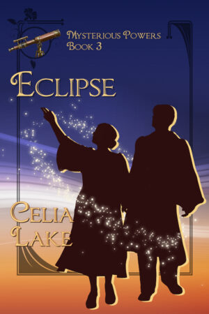 Cover of Eclipse, with a man and woman wearing academic robes in silhouette on a twilight blue and sunset orange background. She is gesturing up toward the sky. A telescope is inset in the top left.