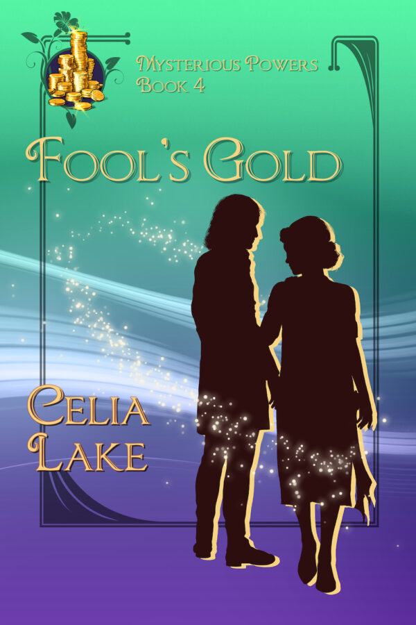 Cover of Fool's Gold. A silohoutted man and woman turn toward each other on a brilliant green and purple background. He wears a long jacket, his back to the viewer, while she faces the viewer in a 1920s dress. A pile of coins is inset in the top left.
