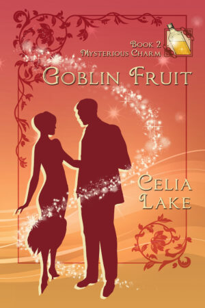 Cover of Goblin Fruit. A man and woman in 1920s dress are silhouetted on a glowing red and golden yellow background. She turns toward him and he holds her hand. A bottle of golden liquid is inset in the top right corner.