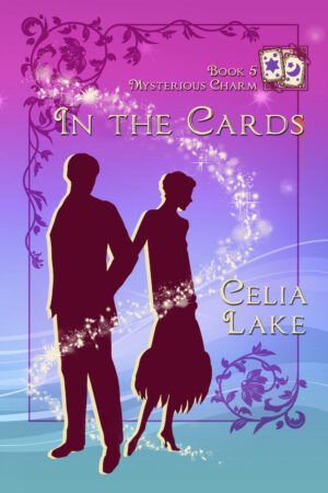 Cover of In The Cards. A man and woman in 1920s dress silhouetted on a pale purple and blue cover. She turns away from him, and they are looking at something to the right of the image. A set of divination cards are inset in the top right.