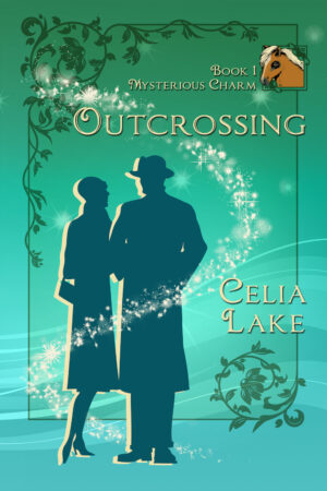 Cover of Outcrossing. A silhouetted man and woman in 1920s clothing standing next to each other, silhouetted on a green background. A chestnut pony's head is inset in the top right.