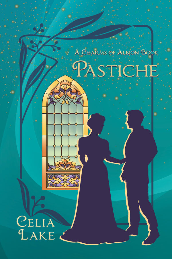 Cover of Pastiche. A man and woman in Edwardian dress silhouetted against a bright teal background, with a stained glass window in golden yellow and muted purple behind them.