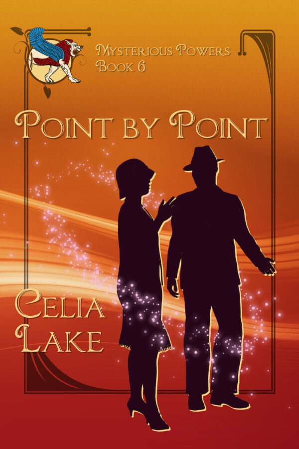 Cover of Point By Point. A man and woman in 1920s dress silhouetted on a terra-cotta and deep red background, with a Mesopotamian lion with bright blue wings inset in the top left.