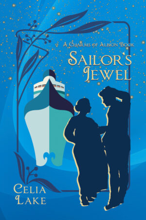 Cover of Sailor's Jewel. A plump woman in flowing artistic dress and a man in an Edwardian suit are silhouetted against a blue background. An ocean liner is behind them, bow facing the viewer.
