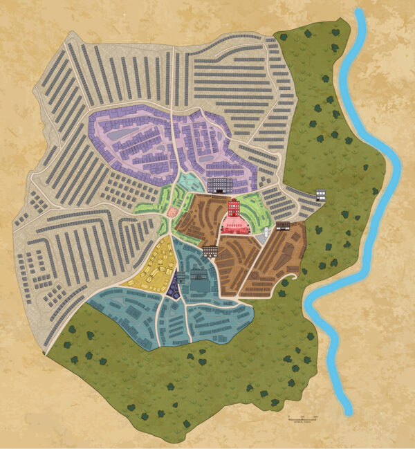 A map of Trellech, the main magical city of Albion. The centre of the city has high status housing near the centre at the north, crafting buildings to the east, the Ministry quarter to the south, and Club row to the southwest. The north and west sides are surrounded by residential buildings, while the east and south are fields and farmland.