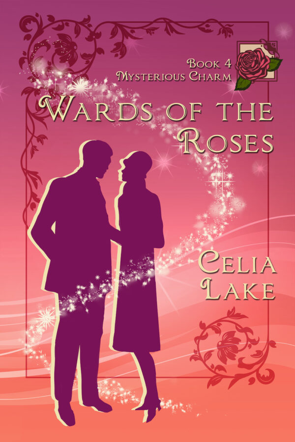 Cover of Wards of the Roses. A man and woman in 1920s clothing silhouetted on a red background that shades to vivid orange-peach at the bottom. A rose is inset in the top right.