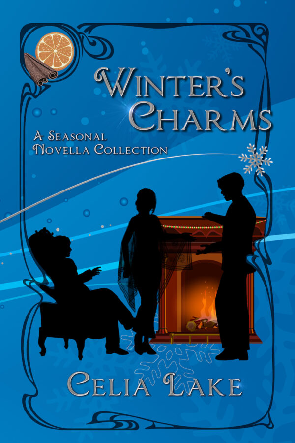 Cover of Winter's Charms, a seasonal novella collection. Three figures are silhouetted on a blue background with snowflakes, in front of a roaring fireplace decorated with a red and green garland. One man is sitting in a chair, gesturing, a woman stands wearing a transluscent shawl, and another man leans his hand on the mantlepiece. Oranges and cinnamon sticks are inset in the top left.
