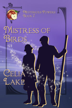 Cover of Mistress of Birds, Mysterious Powers book 7. A man and a woman stand next to each other, silhouetted in 1920s clothing on a purple and muted blue-grey background. He holds a tall walking stick. Red apples are inset in the top left corner. 