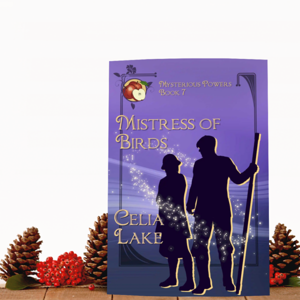 Cover of Mistress of Birds with pinecones and fall berries. The cover has a man and a woman in silhouette on a deep purple background, with an apple in the corner. The man holds a walking stick as tall as he is.