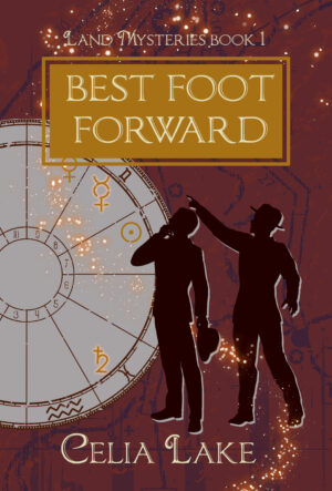 The cover of Best Foot Forward has a deep red background with map markings in a dull purple. Two men in silhouette stand, looking up at a point in the top left. An astrology chart with different symbols picked out takes up the left side of the image, with glowing stars curving up to the title.