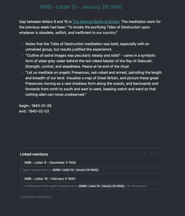 A screenshot of notes on a letter from Dion Fortune, January 28, 1940. There are notes with bullet pointsat the top, beginning and ending dates, and then linked mentions, that link to other files. Relevant text is in the body of the article.