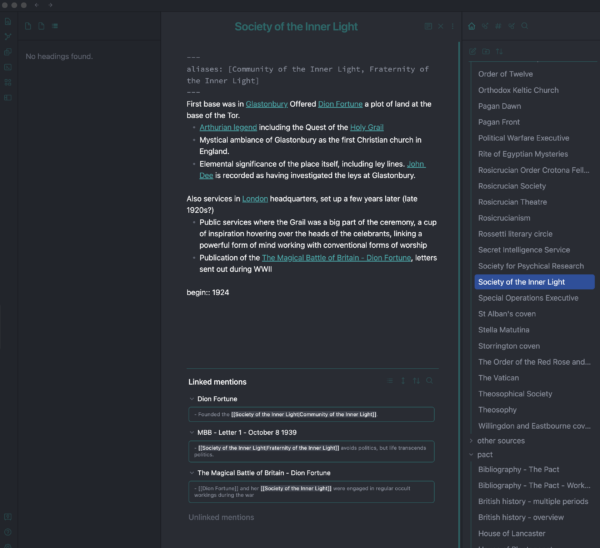 Screenshot showing the layout in Obsidian with headings (blank) on the left sidebar, the main text in the middle, and a right sidebar listing other files in the collection.