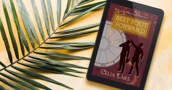Cover of Best Foot Forward displayed on a tablet, with a palm leaf, on a golden yellow background. The cover has a deep red background with map markings in a dull purple. Two men in silhouette stand, looking up at a point in the top left. An astrology chart with different symbols picked out takes up the left side of the image, with glowing stars curving up to the title.