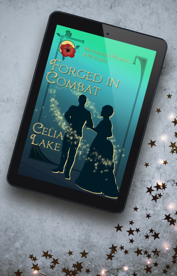 Cover of Forged in Combat on a grey background with a scattering silver stars. A man and a woman in silhouette on a teal green background. She is wearing a Victorian bustle dress, his clothing fits with military uniform of the time. A bright red hibiscus highlights the top corner of the cover. 