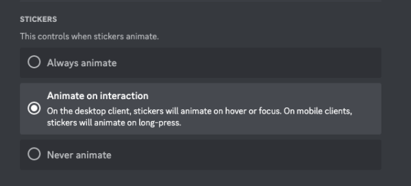 Screenshot of the accessibility settings for stickers with the options to always animate, animate on interaction, or never animate. Animate on interaction is selected.