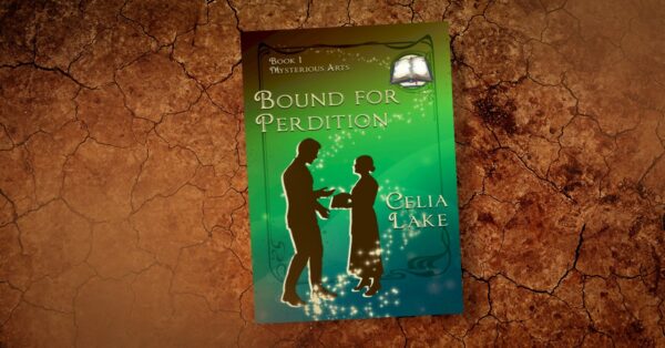 A copy of Bound for Perdition lying on brown cracked earth. The cover of Bound for Perdition has a man and woman silhouetted in dark brown on a green and brown background, with the woman holding a book while the man gestures. An open blank book and pen are inset in the top right corner.