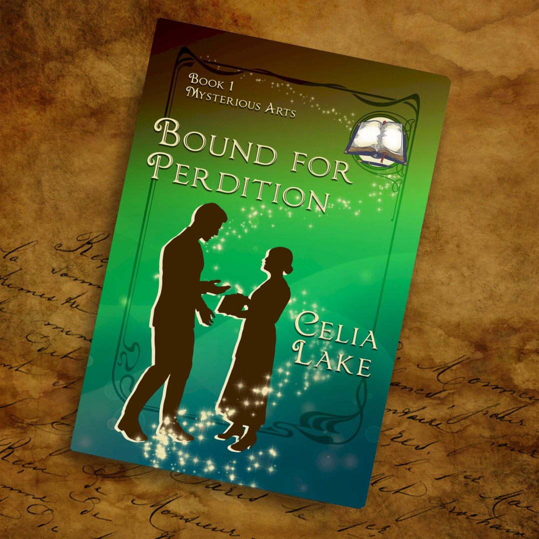 A copy of Bound for Perdition lying on a piece of aged paper with elegant handwriting. The cover of Bound for Perdition has a man and woman silhouetted in dark brown on a green and brown background, with the woman holding a book while the man gestures. An open blank book and pen are inset in the top right corner.