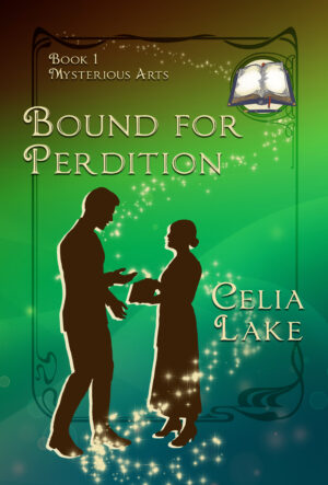 The cover of Bound for Perdition has a man and woman silhouetted in dark brown on a green and brown background, with the woman holding a book while the man gestures. An open blank book and pen are inset in the top right corner.