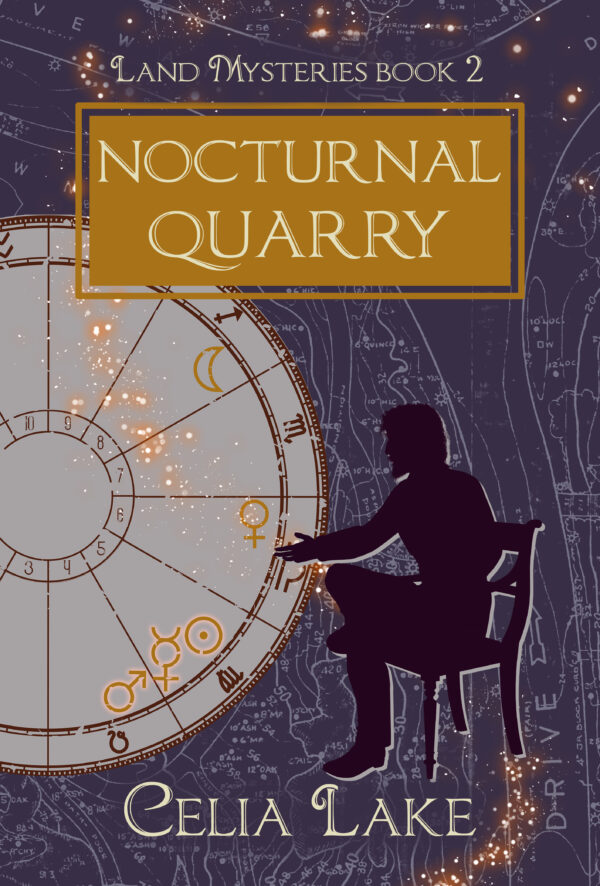 The cover of Nocturnal Quarry has Alexander silhouetted seated in a chair, leaning forward, one leg crossed over the other against a purple background with a map of Manhattan. An astrological chart to the left has the symbols for the Sun, Mercury, and Mars in close conjunction in Leo and Virgo, glowing against the pale grey of the chart.