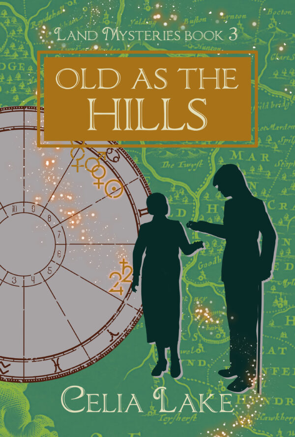 The cover of Old As The Hills has a man with a can and a woman silhouetted on a green ground with a map. She holds out her hand, he is putting something into it, forming a doorway between them. An astrological chart behind them shows the symbols for Venus, the Sun, Jupiter, and Saturn highlighted behind a splash of glowing stars.