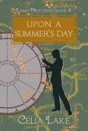 The cover of Upon A Summer's Day shows a man in a suit silhouetted over a map of northern Wales in a muted green. He is gesturing, holding his cane in one hand, a cap on his head. Behind him is an astrological chart, with Jupiter and Saturn highlighted in the sign of Taurus.