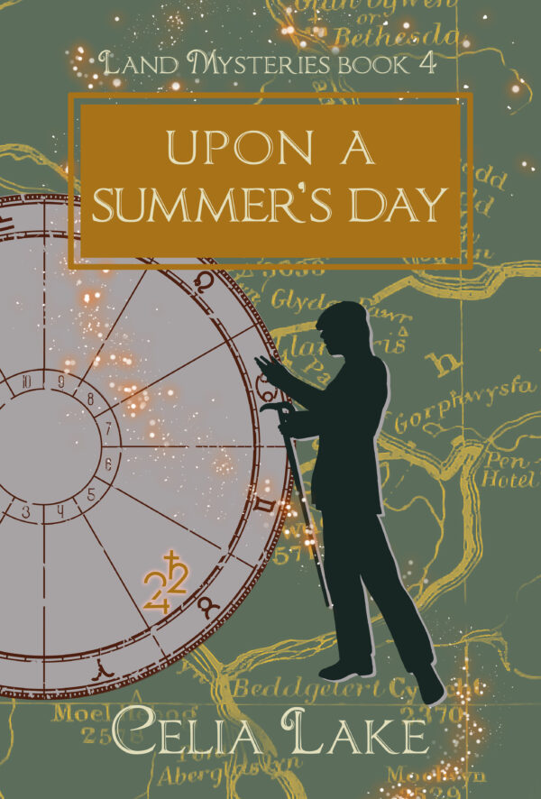 The cover of Upon A Summer's Day shows a man in a suit silhouetted over a map of northern Wales in a muted green. He is gesturing, holding his cane in one hand, a cap on his head. Behind him is an astrological chart, with Jupiter and Saturn highlighted in the sign of Taurus.