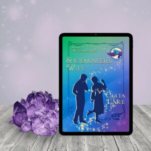 Cover of Shoemaker's Wife on a tablet on a table with a hunk of amethyst. The cover of Shoemaker's Wife has a man and woman in silhouette on a vibrant background of green shading through blue to purple. The woman is standing on one foot with one hand in the air, lifting the other and looking over her shoulder at the shoe while the man looks on. A purple 1920s shoe with a big blue ribbon bow is inset in the top right corner.