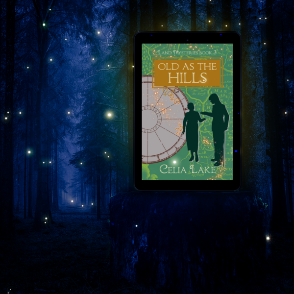 The cover of Old As The Hills displayed on a tablet in front of a pine forest, dotted with firefly light. The cover of Old As The Hills has a man with a can and a woman silhouetted on a green ground with a map. She holds out her hand, he is putting something into it, forming a doorway between them. An astrological chart behind them shows the symbols for Venus, the Sun, Jupiter, and Saturn highlighted behind a splash of glowing stars.