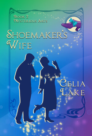 The cover of Shoemaker's Wife has a man and woman in silhouette on a vibrant background of green shading through blue to purple. The woman is standing on one foot with one hand in the air, lifting the other and looking over her shoulder at the shoe while the man looks on. A purple 1920s shoe with a big blue ribbon bow is inset in the top right corner.