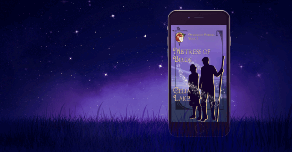 Cover of Mistress of Birds in a night scene with purple. The cover has a man and a woman in silhouette on a deep purple background, with an apple in the corner. The man holds a walking stick as tall as he is.