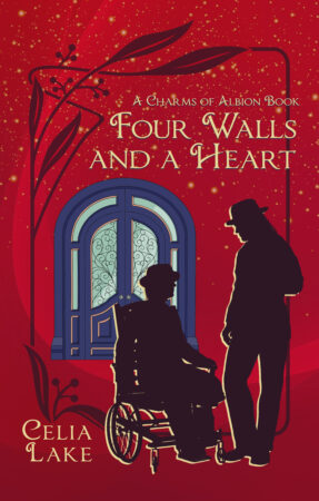 The cover of Four Walls and a Heart has a bright red background with a blue door. Two men are silhouetted against the background, one of slighter build in a Victorian wheelchair, missing his lower left leg, the other standing and talking, one hand at his side. Both are wearing hats, and they are intently focused on each other.