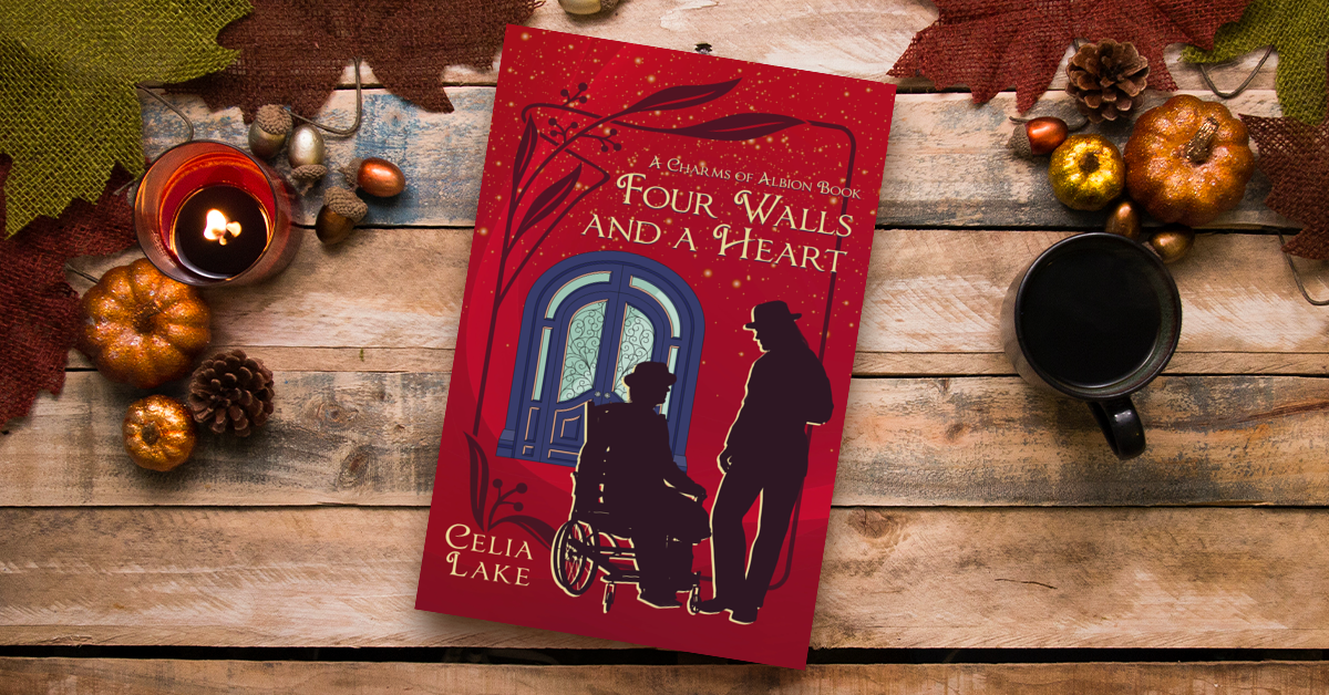 The cover of Four Walls and a Heart has a bright red background with a blue door. Two men are silhouetted against the background, one of slighter build in a Victorian wheelchair, missing his lower left leg, the other standing and talking, one hand at his side. Both are wearing hats, and they are intently focused on each other. The cover is displayed on a wooden table with gilded pumpkins and acorns, a candle, and tea.