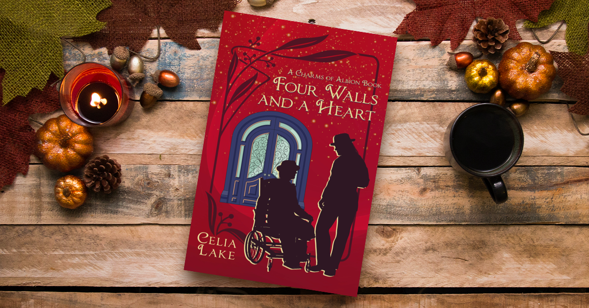 The cover of Four Walls and a Heart has a bright red background with a blue door. Two men are silhouetted against the background, one of slighter build in a Victorian wheelchair, missing his lower left leg, the other standing and talking, one hand at his side. Both are wearing hats, and they are intently focused on each other.  The cover is displayed on a wooden table with gilded pumpkins and acorns, a candle, and tea. 