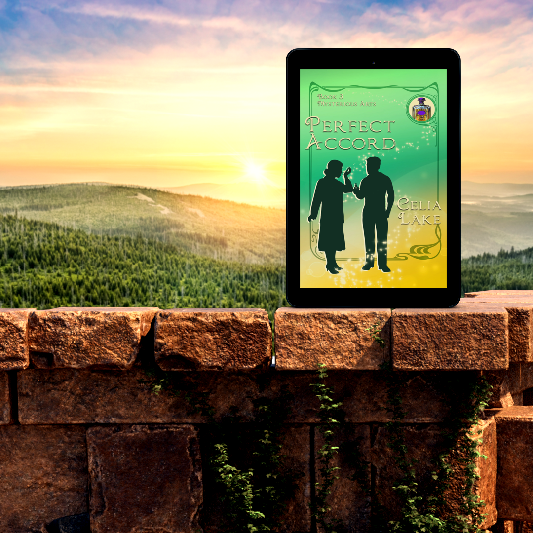 Cover of Perfect Accord: a man and woman in 1920s dress silhouetted on the cover: she is testing perfume he just handed her on her wrist.