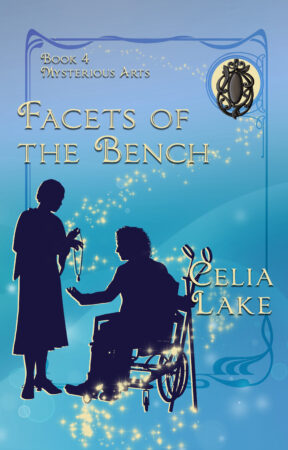 Cover of Facets of the Bench: a man and woman in silhouette. She shows him a necklace as he sits in a wheelchair with forearm crutches propped against the chair.