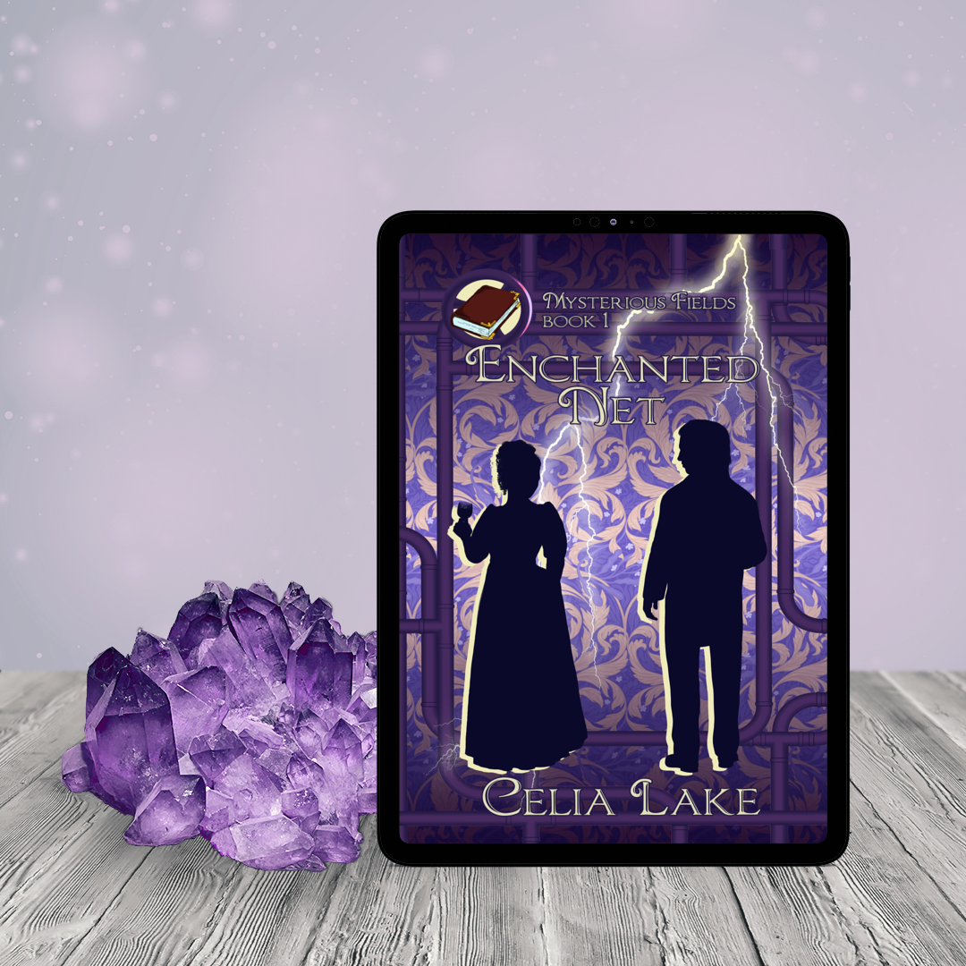 A silhouetted man and woman in Victorian dress stand with their backs to the viewer. She is holding a glass of wine as they look toward each other. The background is a purple damask, crossed by pipes and gears and a streak of lightning, with a book inset in the top left corner. A chunk of amethyst sits next to the tablet displaying the cover.