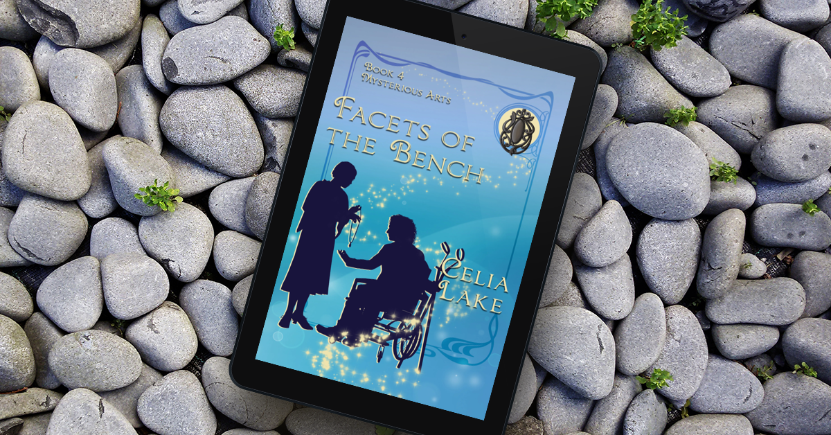 Cover of Facets of the Bench: two people in 1920s clothing silhouetted, the man in a wheelchair with forearm crutches visible. She's handing him a necklace, with a jet pendant inset in the top right corner.